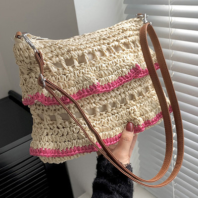 Καλοκαιρινή βολάν μεγάλης χωρητικότητας Ψάθινη τσάντα ώμου Τσάντες παραλίας Rattan Τσάντες από κοίλες χάρτινες υφαντές τσάντες Casual Lady Totes Τσάντα αγορών