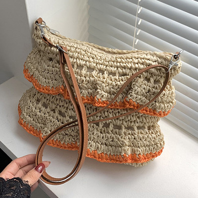 Καλοκαιρινή βολάν μεγάλης χωρητικότητας Ψάθινη τσάντα ώμου Τσάντες παραλίας Rattan Τσάντες από κοίλες χάρτινες υφαντές τσάντες Casual Lady Totes Τσάντα αγορών