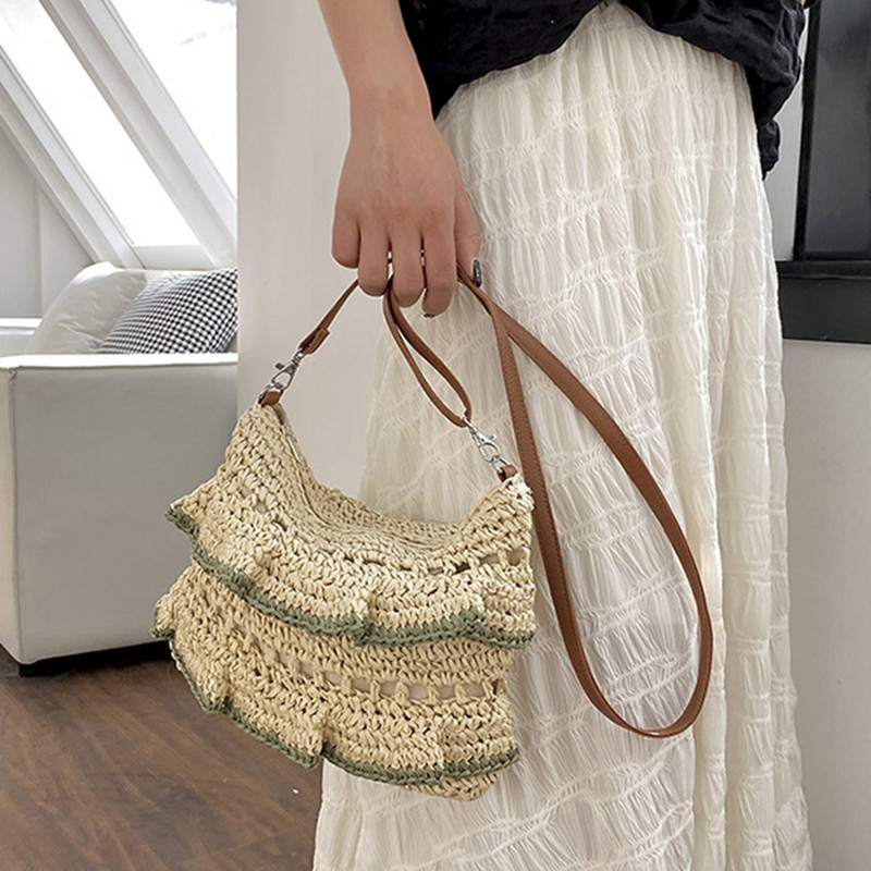 Καλοκαιρινή βολάν μεγάλης χωρητικότητας Ψάθινη τσάντα ώμου Τσάντες παραλίας Rattan Τσάντες από κοίλες χάρτινες υφαντές τσάντες Casual Lady Totes Τσάντα αγορών