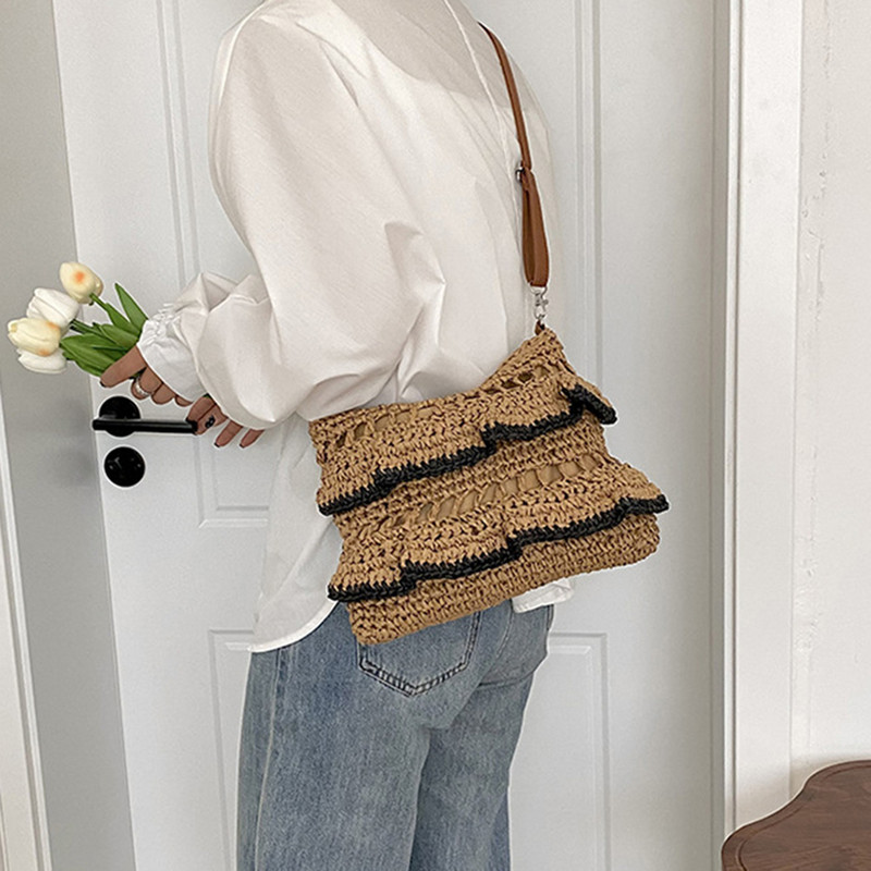 Καλοκαιρινή βολάν μεγάλης χωρητικότητας Ψάθινη τσάντα ώμου Τσάντες παραλίας Rattan Τσάντες από κοίλες χάρτινες υφαντές τσάντες Casual Lady Totes Τσάντα αγορών