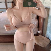 Wisuwore 2023 Sexy Korea Bikinis Solid Two Pieces Μαγιό Γυναικεία ψηλόμεση μπικίνι στήθος Lace Up Μαγιό Monokini μαγιό