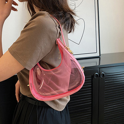 Διάφανη τσάντα παραλίας καλοκαιρινής γυναικείας ζελέ τσάντες μασχάλης Crescent PVC μόδας απλό φερμουάρ Casual γυναικεία τσαντάκια hobos