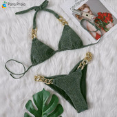 Para Praia New Sexy Glint Bikini 2023 στρινγκ μαγιό βραζιλιάνικο σετ μπικίνι Halter Μαγιό Μπλε Push Up Μαγιό