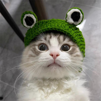 Плетена ръчно изработена шапка за домашни любимци за котки Кучета Сладка шапка с форма на жаба Забавна фотография Регулируема шапка за домашни любимци Аксесоари за котки