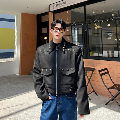 Καστόρι βελούδινο παλτό με πριτσίνια ανδρικά streetwear μόδας Vintage φαρδιά κοντό μπουφάν μοτοσικλέτας Ανδρικό κορεατικό δίχτυ παλτό διασημοτήτων