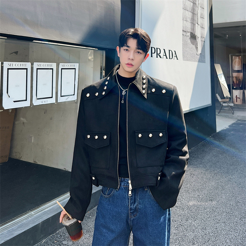 Καστόρι βελούδινο παλτό με πριτσίνια ανδρικά streetwear μόδας Vintage φαρδιά κοντό μπουφάν μοτοσικλέτας Ανδρικό κορεατικό δίχτυ παλτό διασημοτήτων
