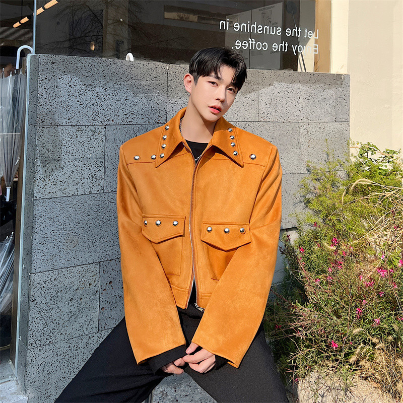 Καστόρι βελούδινο παλτό με πριτσίνια ανδρικά streetwear μόδας Vintage φαρδιά κοντό μπουφάν μοτοσικλέτας Ανδρικό κορεατικό δίχτυ παλτό διασημοτήτων