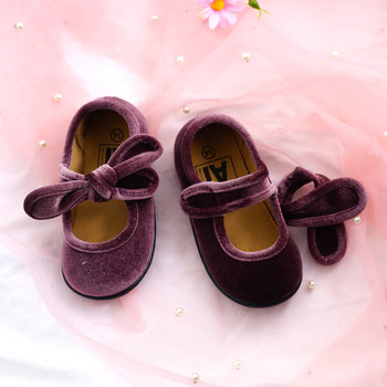 ULKNN Bow Flats for Kids First Walkers 2023 Spring Baby Girls Retro Toddlers Prewalkers Кадифени подвижни обувки Infant Purple red