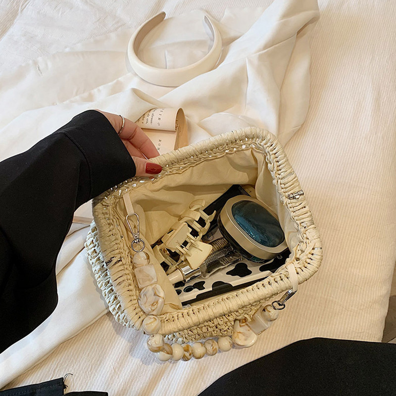 Πολυτελής μοντέρνα τσάντα ώμου με ψάθινη ύφανση Πολυτελής τσάντα ώμου με μικρές χάντρες για γυναίκες Καλοκαιρινή καθημερινή τσάντα παραλίας Πορτοφόλι ταξιδιού