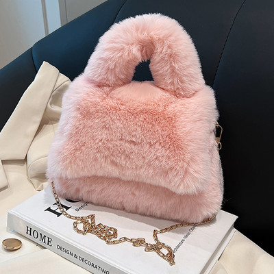 Geantă caldă pentru femei, cu mâner superior, geantă pufoasă, cu lanț de umăr, de culoare uni, pentru femei, fete, iarnă.