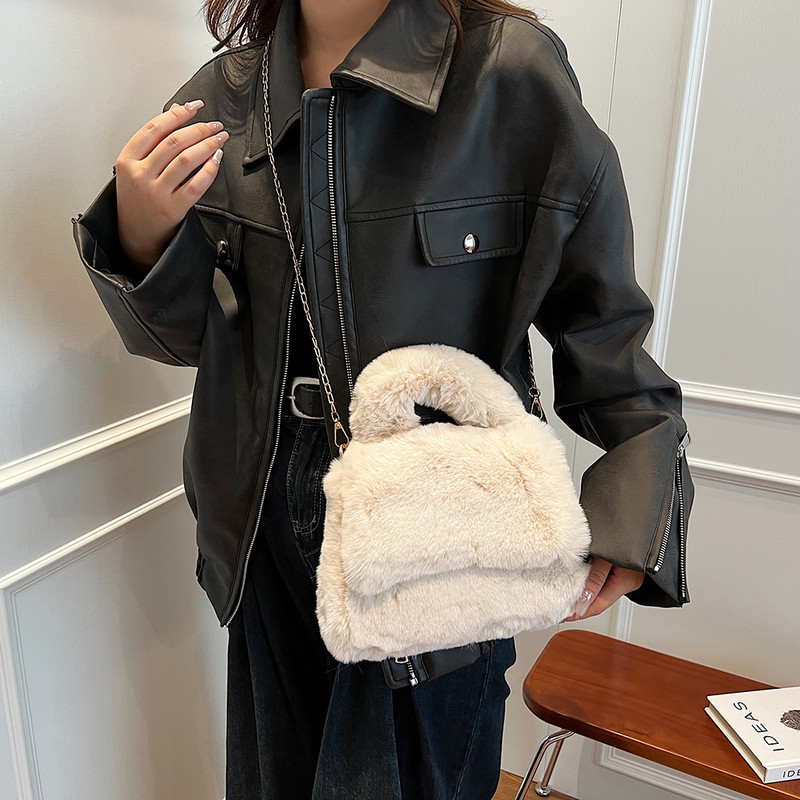 Geantă caldă pentru femei, cu mâner superior, geantă pufoasă, cu lanț de umăr, de culoare uni, pentru femei, fete, iarnă.