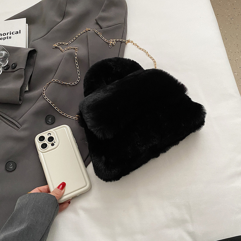 Geantă caldă pentru femei, cu mâner superior, geantă pufoasă, cu lanț de umăr, de culoare uni, pentru femei, fete, iarnă.