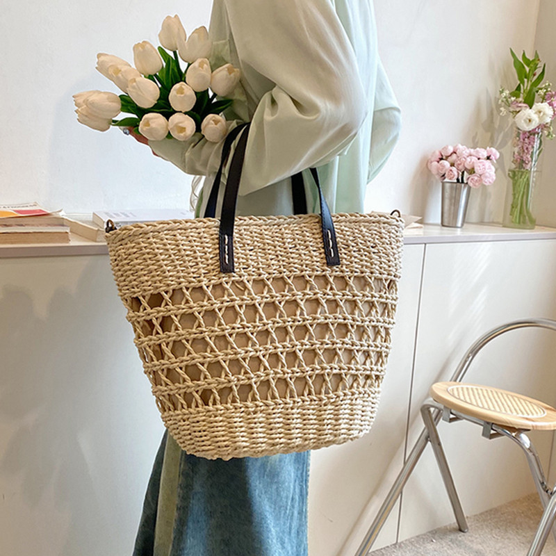 Ženske slamnate torbe u trendu ljeta 2023. Torbe preko ramena Ručno tkane torbe na rame Boho torba za košaru od pletenog ratana Torba velikog kapaciteta