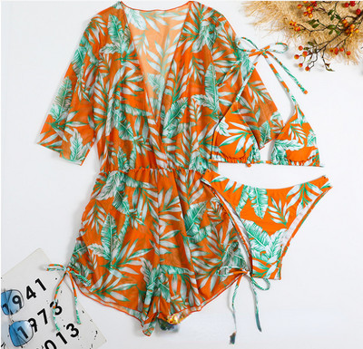 2023 Sexy Tropical Print Halter Triangle Bikini Μαγιό Γυναικεία μαγιό 3 τεμαχίων Cover Up Beach Wear Σετ μπικίνι Μαγιό