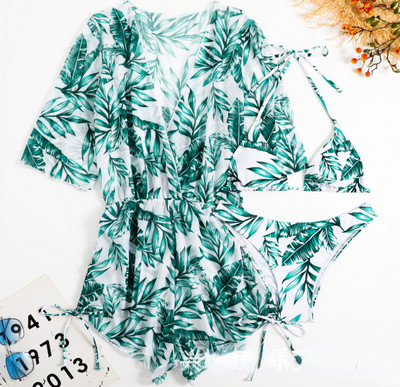 2023 Sexy Tropical Print Halter Triangle Bikini Μαγιό Γυναικεία μαγιό 3 τεμαχίων Cover Up Beach Wear Σετ μπικίνι Μαγιό