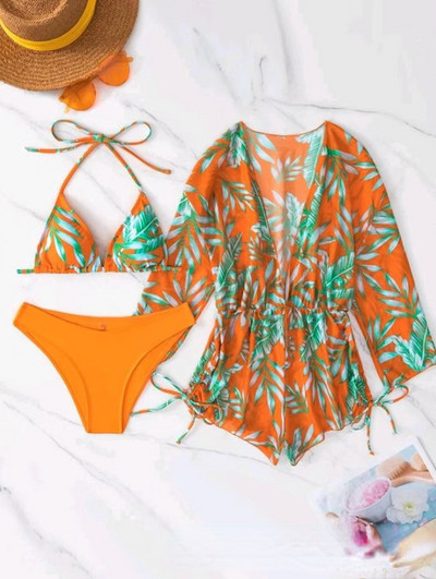 2023 Sexy Tropical Print Halter Triangle Bikini Μαγιό Γυναικεία μαγιό 3 τεμαχίων Cover Up Beach Wear Σετ μπικίνι Μαγιό
