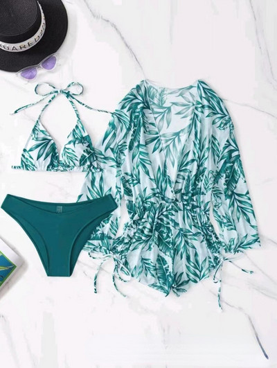 2023 Sexy Tropical Print Halter Triangle Bikini Μαγιό Γυναικεία μαγιό 3 τεμαχίων Cover Up Beach Wear Σετ μπικίνι Μαγιό