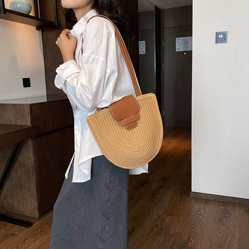 Genți de țesut manual boeme de vară pentru femei, geantă de umăr din paie de plajă, geantă de plajă învelită, coș de ratan, genți de mână, tocuri de călătorie