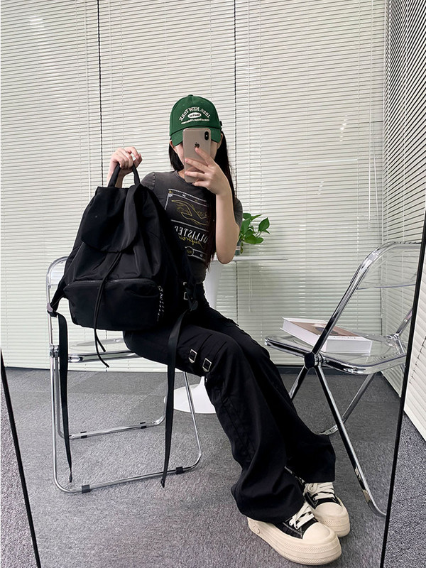 Γυναικεία σακίδια πλάτης μεγάλης χωρητικότητας Japanese Harajuku Literature Art Κορίτσι Κορδόνι σχεδίασης Oxford Retro Μαύρο σακίδιο πλάτης Φοιτητική τσάντα