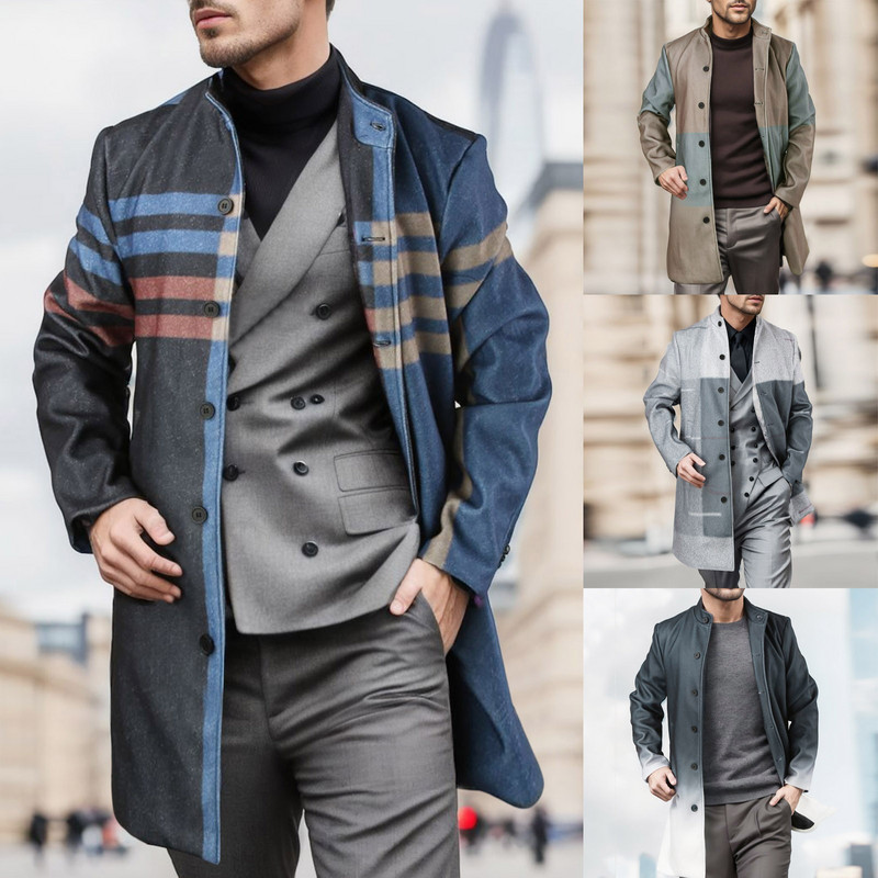 Jachete de iarnă pentru bărbați, cu imprimeu, pentru bărbați, haină pentru bărbați, din lână, cu guler mediu, pardesiu lung, haină de ploaie cu buzunar Muddy Creek