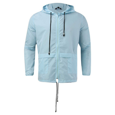 Jachetă căptușită cu glugă Jachetă solidă de ploaie Jachetă subțire de ploaie de culoare ușoară pentru bărbați cu glugă, rezistentă la soare, fermoar, haină de exterior cu două piepte