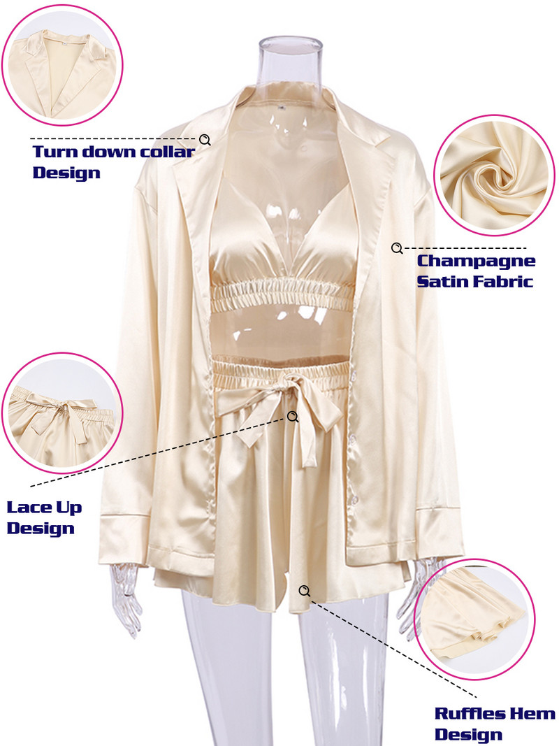 Komplet kućnih ogrtača u boji šampanjca Ženski trodijelni ogrtač s naborima Ženske pidžame Seksi kratke hlače Suknje Pidžame Ogrtači Ženske pidžame Kompleti spavaćica