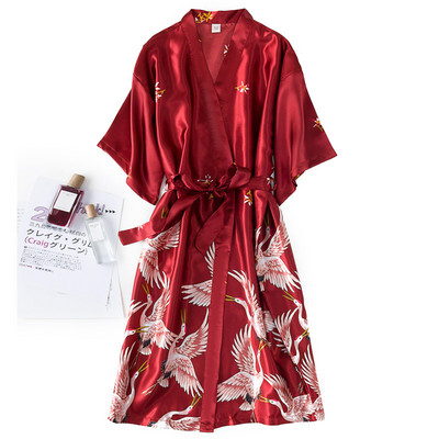 Burgundy Femei 2 buc. Seturi de rochii kimono din mătase artificială rochie de noapte cu imprimeu sexy și halat de baie Lenjerie cămașă de noapte Lenjerie de noapte de vară