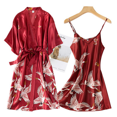 Burgundy Femei 2 buc. Seturi de rochii kimono din mătase artificială rochie de noapte cu imprimeu sexy și halat de baie Lenjerie cămașă de noapte Lenjerie de noapte de vară