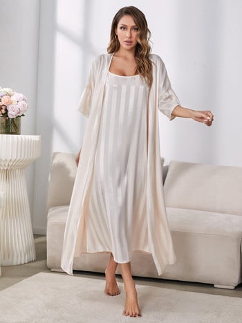 Σετ γυναικεία ρόμπα πιτζάμες Sexy Sling Sleepwear Φόρεμα Silk Like Homewear Luxury strip μπουρνούζι 2τμχ Κοστούμι Σπίτι Ρούχα Femme