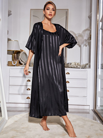 Σετ γυναικεία ρόμπα πιτζάμες Sexy Sling Sleepwear Φόρεμα Silk Like Homewear Luxury strip μπουρνούζι 2τμχ Κοστούμι Σπίτι Ρούχα Femme