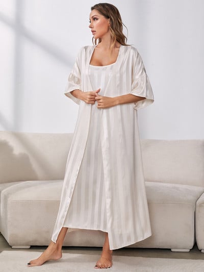Σετ γυναικεία ρόμπα πιτζάμες Sexy Sling Sleepwear Φόρεμα Silk Like Homewear Luxury strip μπουρνούζι 2τμχ Κοστούμι Σπίτι Ρούχα Femme