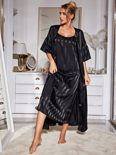 Σετ γυναικεία ρόμπα πιτζάμες Sexy Sling Sleepwear Φόρεμα Silk Like Homewear Luxury strip μπουρνούζι 2τμχ Κοστούμι Σπίτι Ρούχα Femme