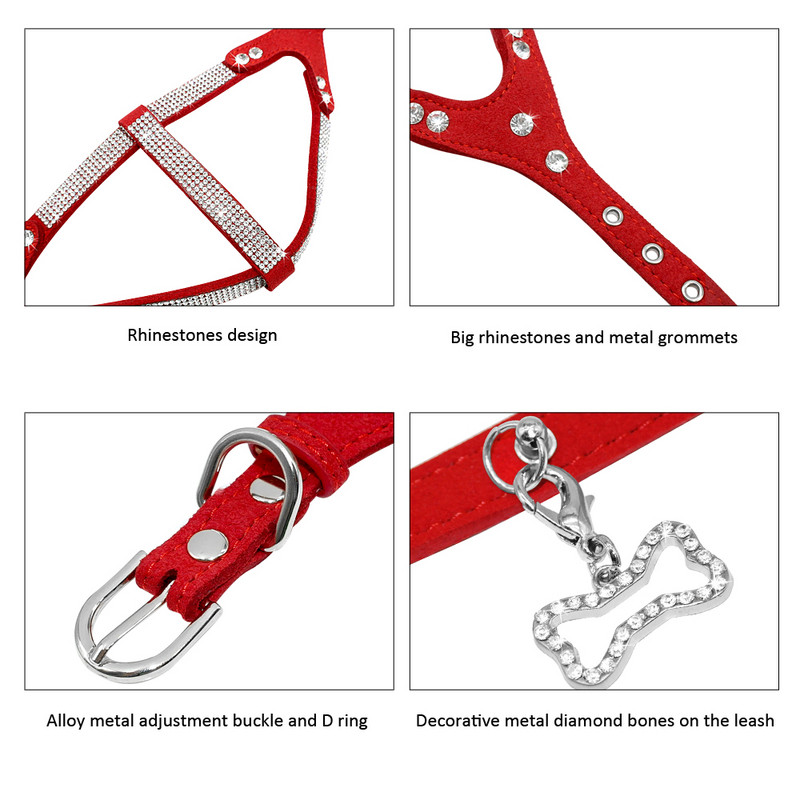 Σετ λουριών με λουρί για σκύλους Bling Rhinestone Puppy Dogs με λουρί από σουέτ δερμάτινο γιλέκο κατοικίδιων ζώων με ρυθμιζόμενο μόλυβδο για μικρά μεσαία σκυλιά πατημασιά