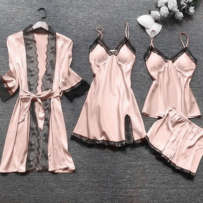 Ανοιξιάτικα Γυναικεία Σετ Πυτζάμες Σατέν Πυτζάμες Μεταξωτό 4 τεμάχια Νυχτικά Πιτζάμες Λουράκι Δαντέλα Sleep Lounge Πυτζάμα με επιθέματα στήθους