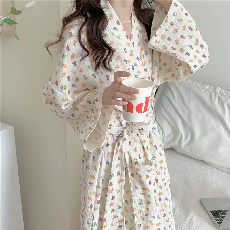 Dámske ležérne jarné a jesenné voľné bavlnené župany s šnurovaním, kimono, dámske župany s potlačou čerešňového medveďa, veľkosť S-XL