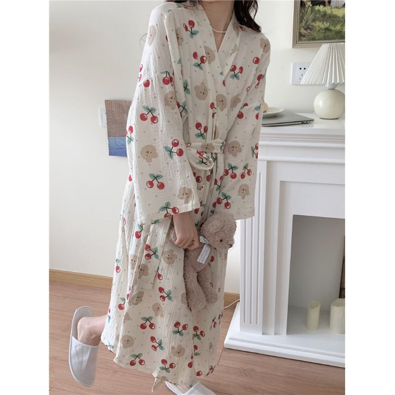 Dámske ležérne jarné a jesenné voľné bavlnené župany s šnurovaním, kimono, dámske župany s potlačou čerešňového medveďa, veľkosť S-XL
