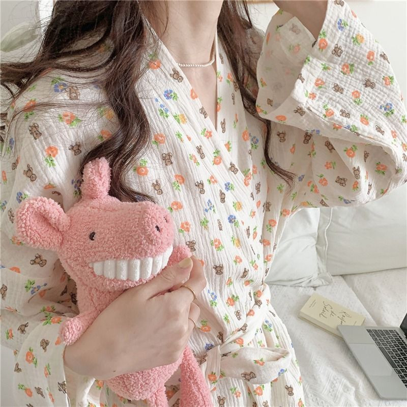 Dámske ležérne jarné a jesenné voľné bavlnené župany s šnurovaním, kimono, dámske župany s potlačou čerešňového medveďa, veľkosť S-XL