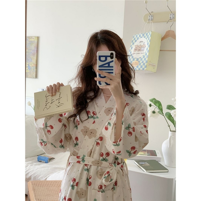 Dámske ležérne jarné a jesenné voľné bavlnené župany s šnurovaním, kimono, dámske župany s potlačou čerešňového medveďa, veľkosť S-XL