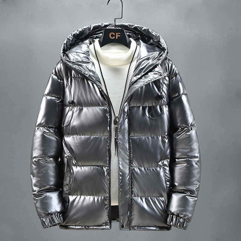 Moda bărbați de iarnă, argintiu strălucitor, negru, hanorace calde, jachetă cu puf, haină parka, ocazional, largi, îmbrăcăminte pentru tineret, îmbrăcăminte pentru bărbați, îmbrăcăminte de stradă