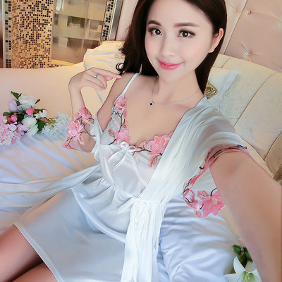 Köntös készletek női jégselyem 2db Virágos divat Szexi hálóruha Fűzős Elegáns vékony női fürdőköpeny Otthoni hálóruha kényelmes