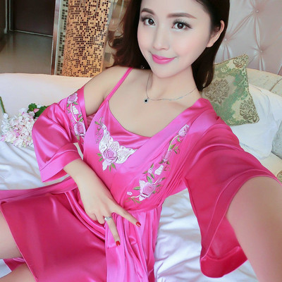 Köntös készletek női jégselyem 2db Virágos divat Szexi hálóruha Fűzős Elegáns vékony női fürdőköpeny Otthoni hálóruha kényelmes