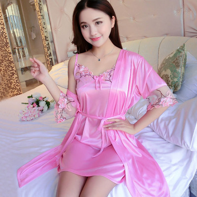 Köntös készletek női jégselyem 2db Virágos divat Szexi hálóruha Fűzős Elegáns vékony női fürdőköpeny Otthoni hálóruha kényelmes