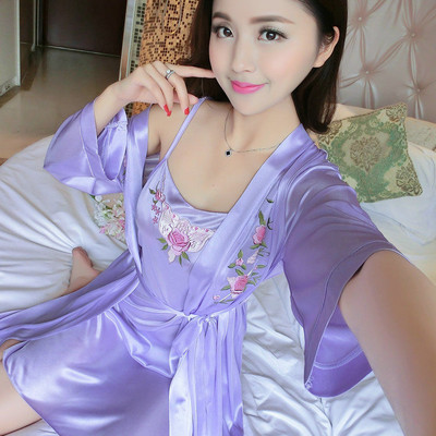 Köntös készletek női jégselyem 2db Virágos divat Szexi hálóruha Fűzős Elegáns vékony női fürdőköpeny Otthoni hálóruha kényelmes