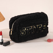 Τσάντα μακιγιάζ Chenille Letter Fuzzy με μπαλώματα Chenille Letter Λούτρινη τσάντα περιποίησης ταξιδιού για αξεσουάρ καλλωπισμού Βούρτσες