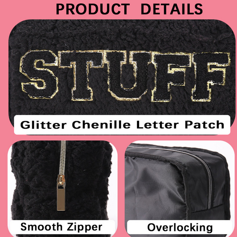 Τσάντα μακιγιάζ Chenille Letter Fuzzy με μπαλώματα Chenille Letter Λούτρινη τσάντα περιποίησης ταξιδιού για αξεσουάρ καλλωπισμού Βούρτσες