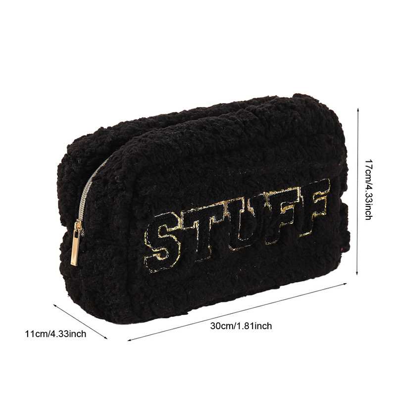 Τσάντα μακιγιάζ Chenille Letter Fuzzy με μπαλώματα Chenille Letter Λούτρινη τσάντα περιποίησης ταξιδιού για αξεσουάρ καλλωπισμού Βούρτσες