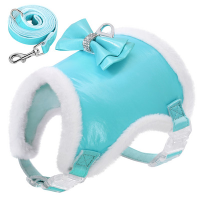 Σετ λουριών και λουριών για σκύλο Χειμερινό γιλέκο για κουτάβι Ζεστό κολάρο από γούνα για μικρού μεγέθους σκύλους Γάτες Bling Rhinestone Bowtie Pink