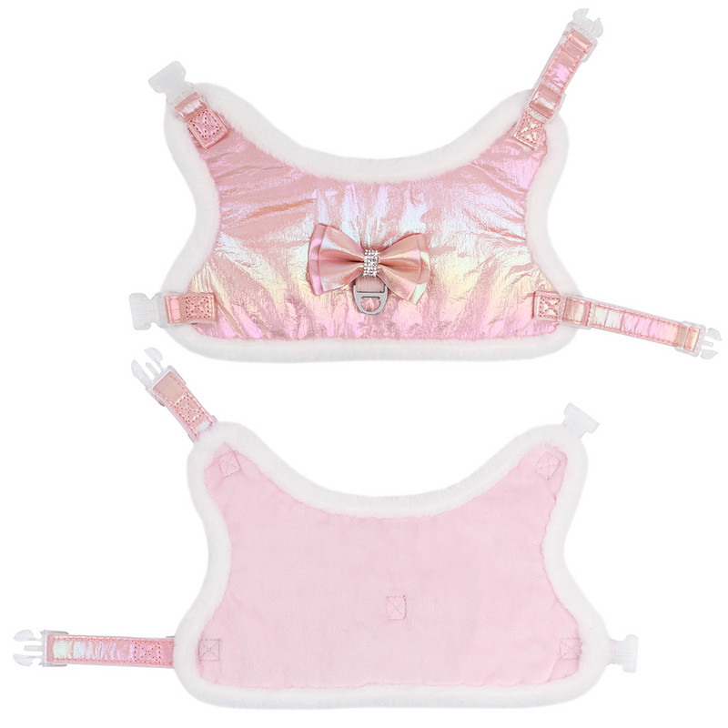 Σετ λουριών και λουριών για σκύλο Χειμερινό γιλέκο για κουτάβι Ζεστό κολάρο από γούνα για μικρού μεγέθους σκύλους Γάτες Bling Rhinestone Bowtie Pink