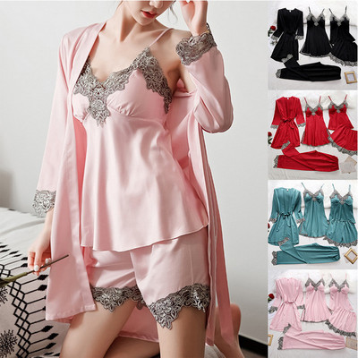 Costum de dormit pentru femei, 5 bucăți, halat de mătase, pijamale din satin, set de rochii cu decolteu în V, cămăși de noapte, pijama acasă, cămașă de noapte de primăvară