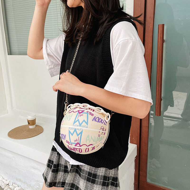 2023 Women Personality Graffiti Στρογγυλή τσάντα μπάλας Μαλακό PU δερμάτινο χιαστί ακρυλική αλυσίδα Τσάντες και πορτοφόλια Γυναικεία τσάντα μπάσκετ